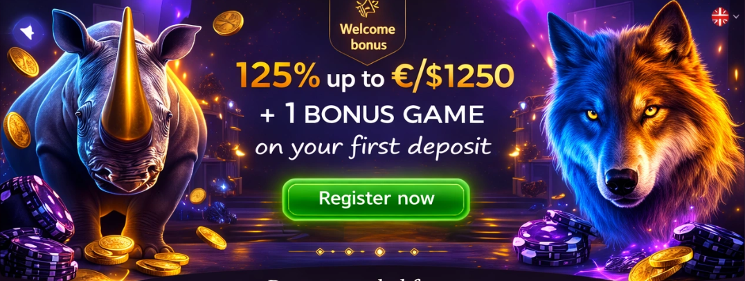 Casino website featuring a vibrant game display alongside a stylized rhino graphic